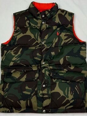POLO RALPH LAUREN Boys (L 14/16) Reversible Down Puffer Vest Camo/Safety Orange